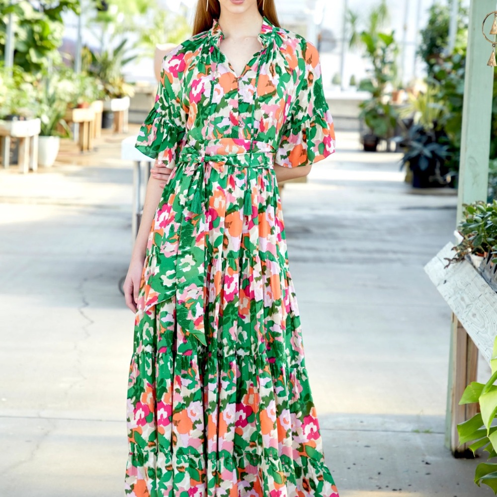 Green and Pink Silk Ruffled Tiered Rungolee Maxi Dress